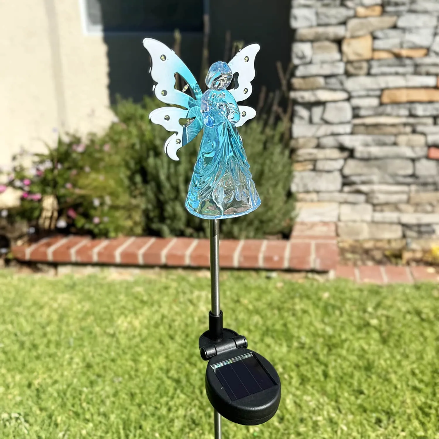 Solar Acrylic Angel with Wings and Twelve LED Lights Metal Garden Stake in Blue, 4 by 34 Inches