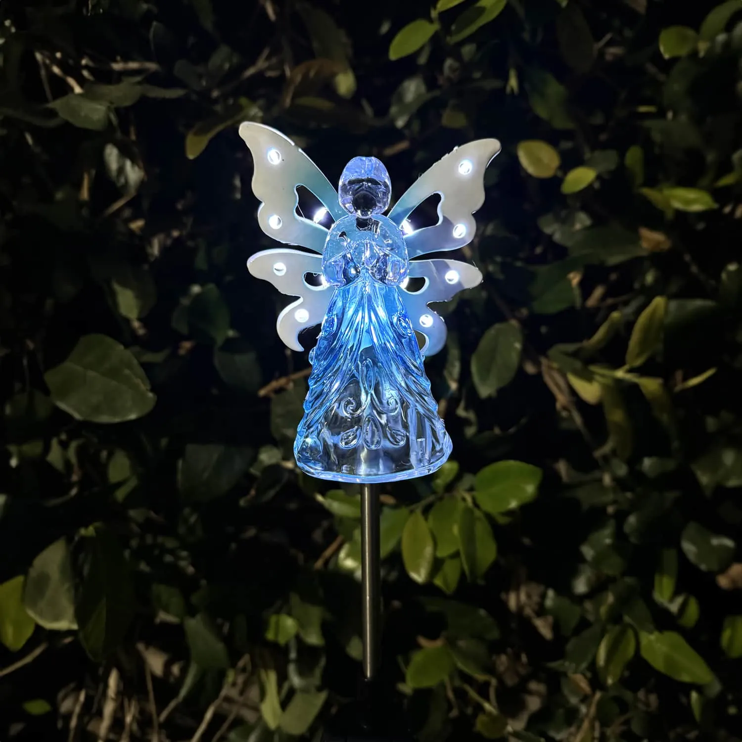 Solar Acrylic Angel with Wings and Twelve LED Lights Metal Garden Stake in Blue, 4 by 34 Inches