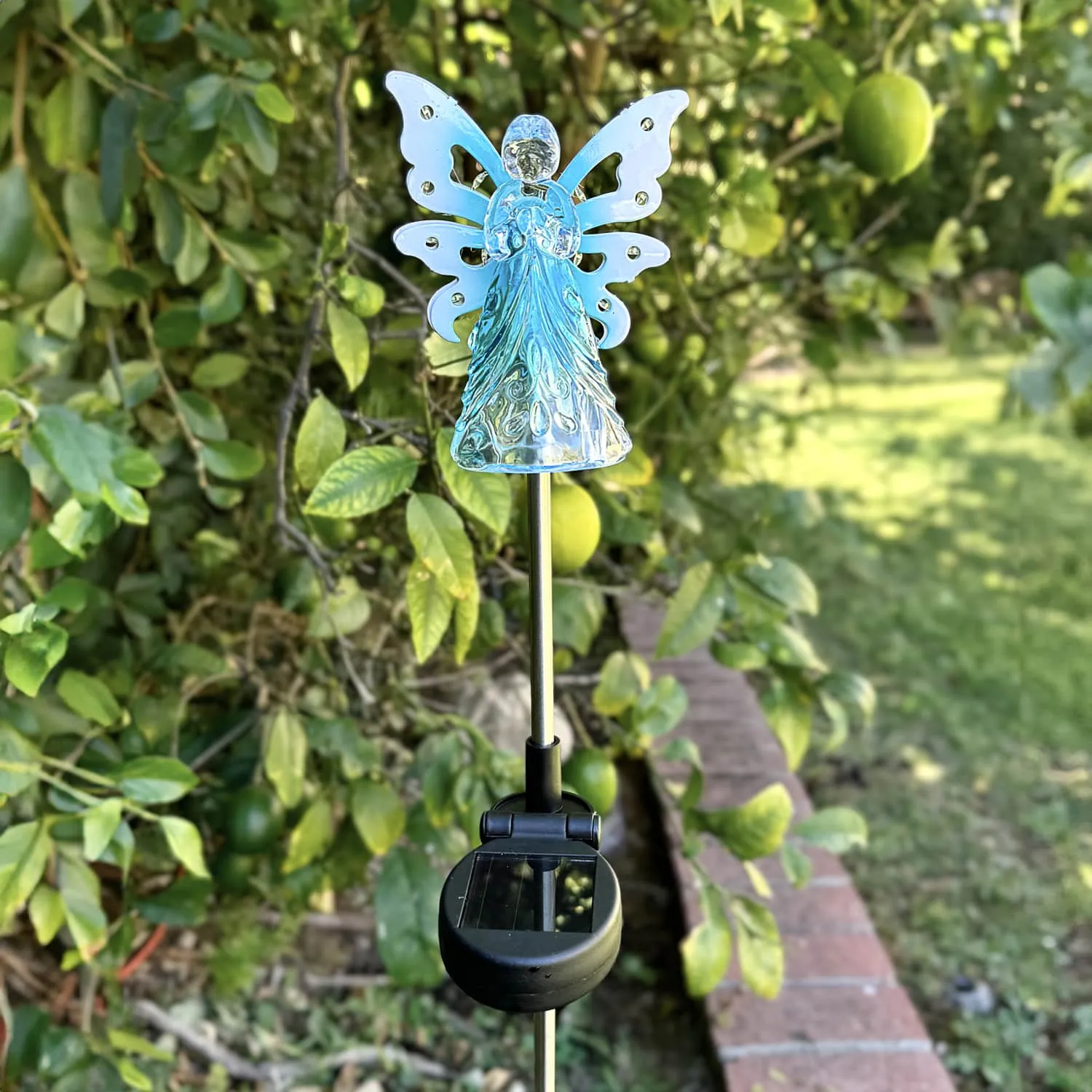 Solar Acrylic Angel with Wings and Twelve LED Lights Metal Garden Stake in Blue, 4 by 34 Inches