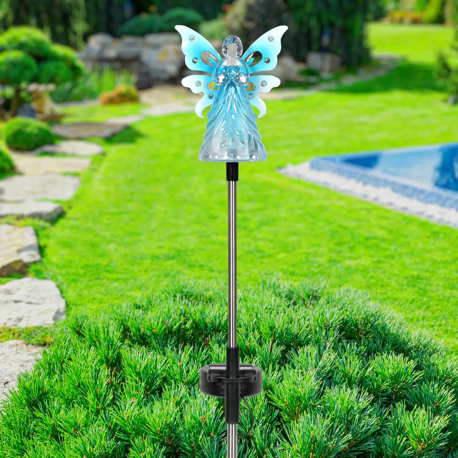 Solar Acrylic Angel with Wings and Twelve LED Lights Metal Garden Stake in Blue, 4 by 34 Inches