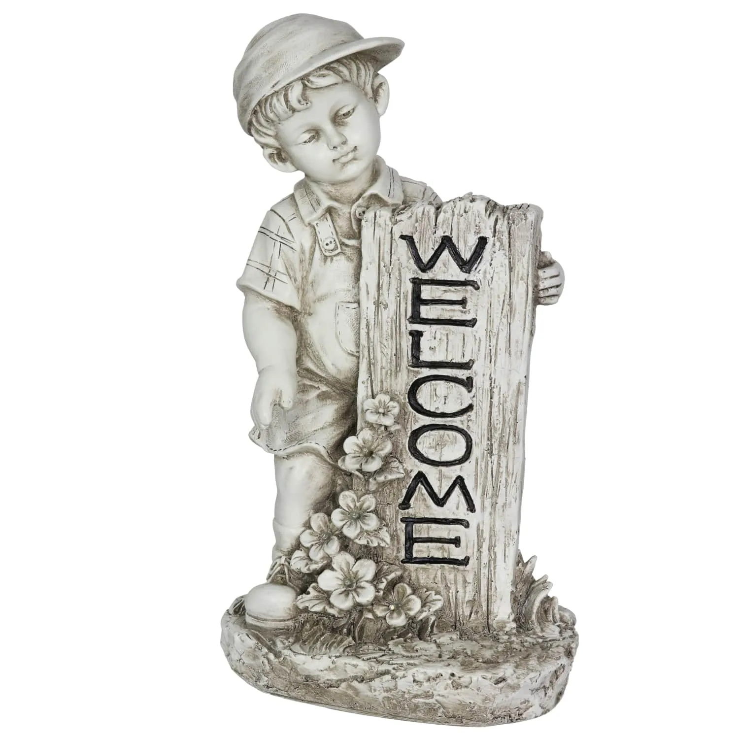 Solar Boy with Welcome Sign Statue in Natural Resin Finish, 17 Inch