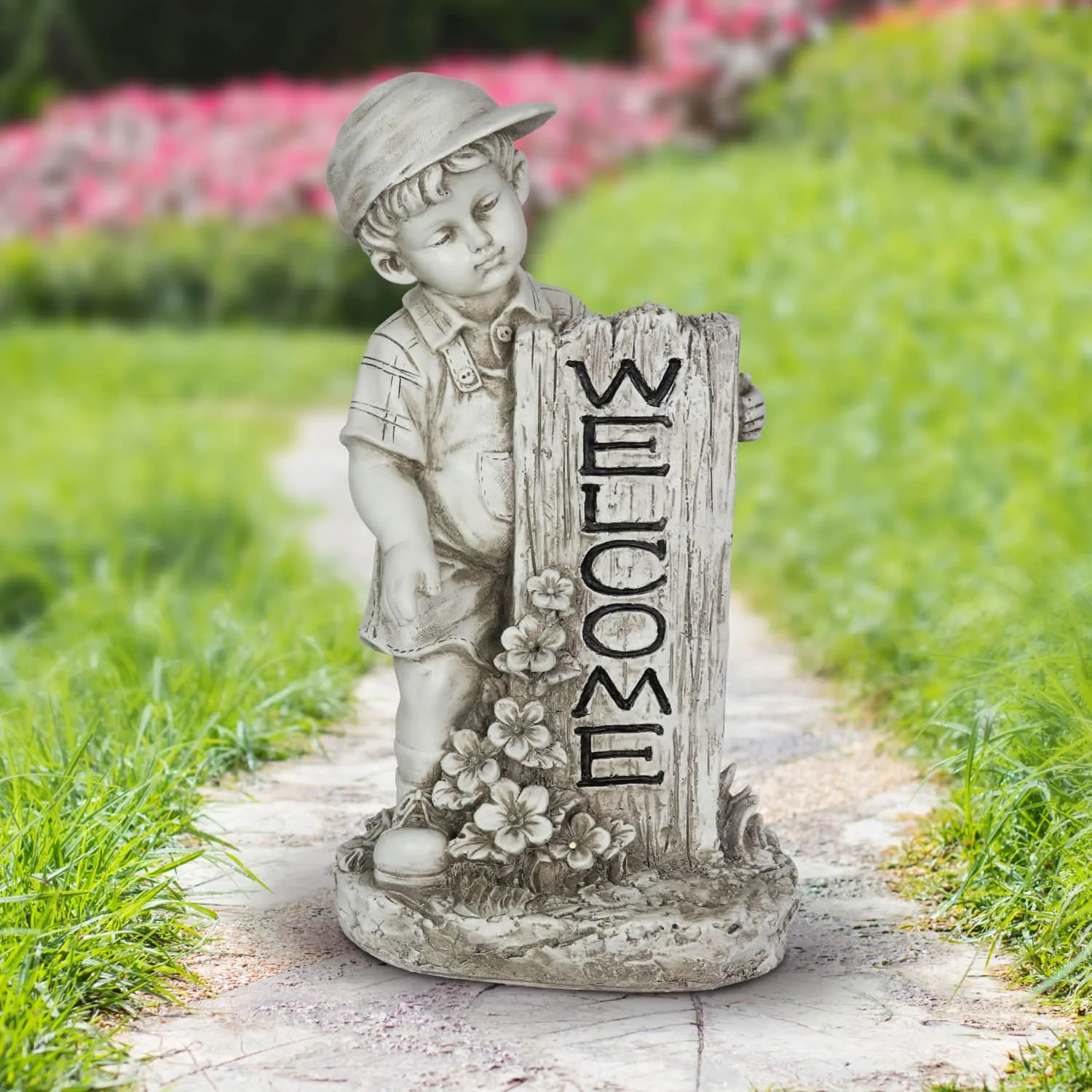 Solar Boy with Welcome Sign Statue in Natural Resin Finish, 17 Inch