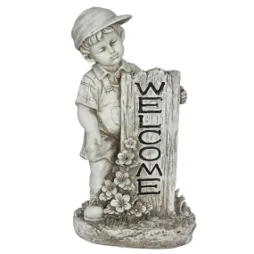 Solar Boy with Welcome Sign Statue in Natural Resin Finish, 17 Inch