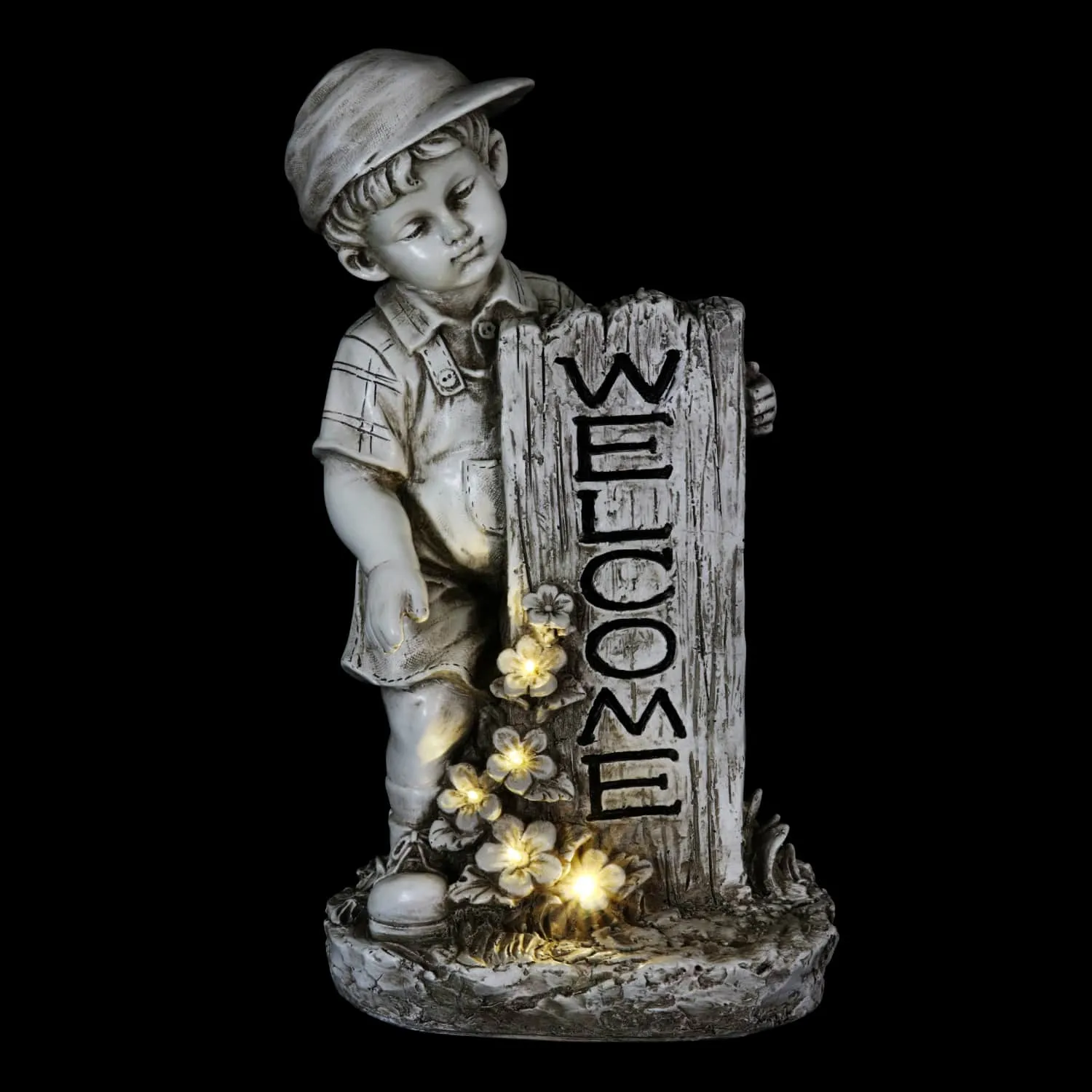 Solar Boy with Welcome Sign Statue in Natural Resin Finish, 17 Inch