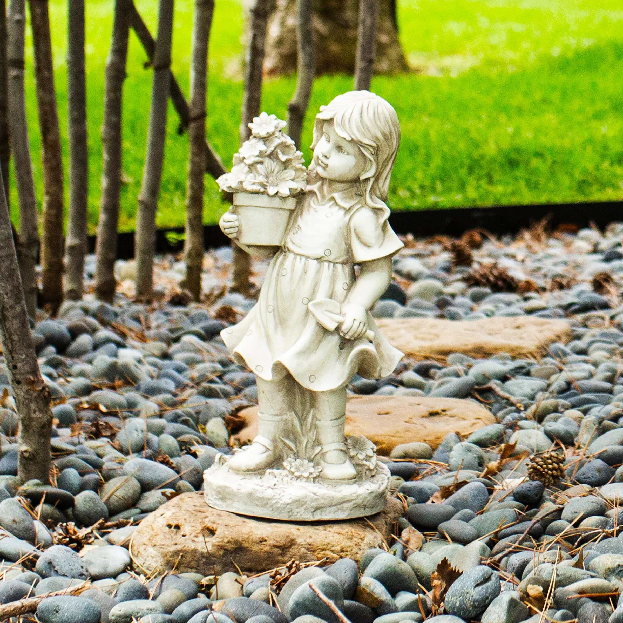 Solar Girl with a Flower Pot Garden Statue, 18 Inch