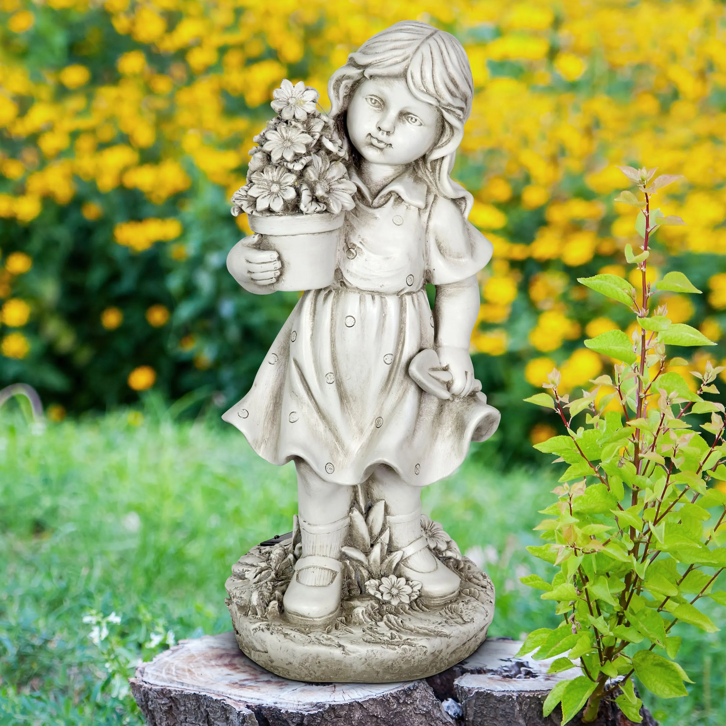 Solar Girl with a Flower Pot Garden Statue, 18 Inch