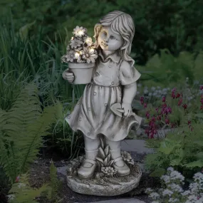 Solar Girl with a Flower Pot Garden Statue, 18 Inch