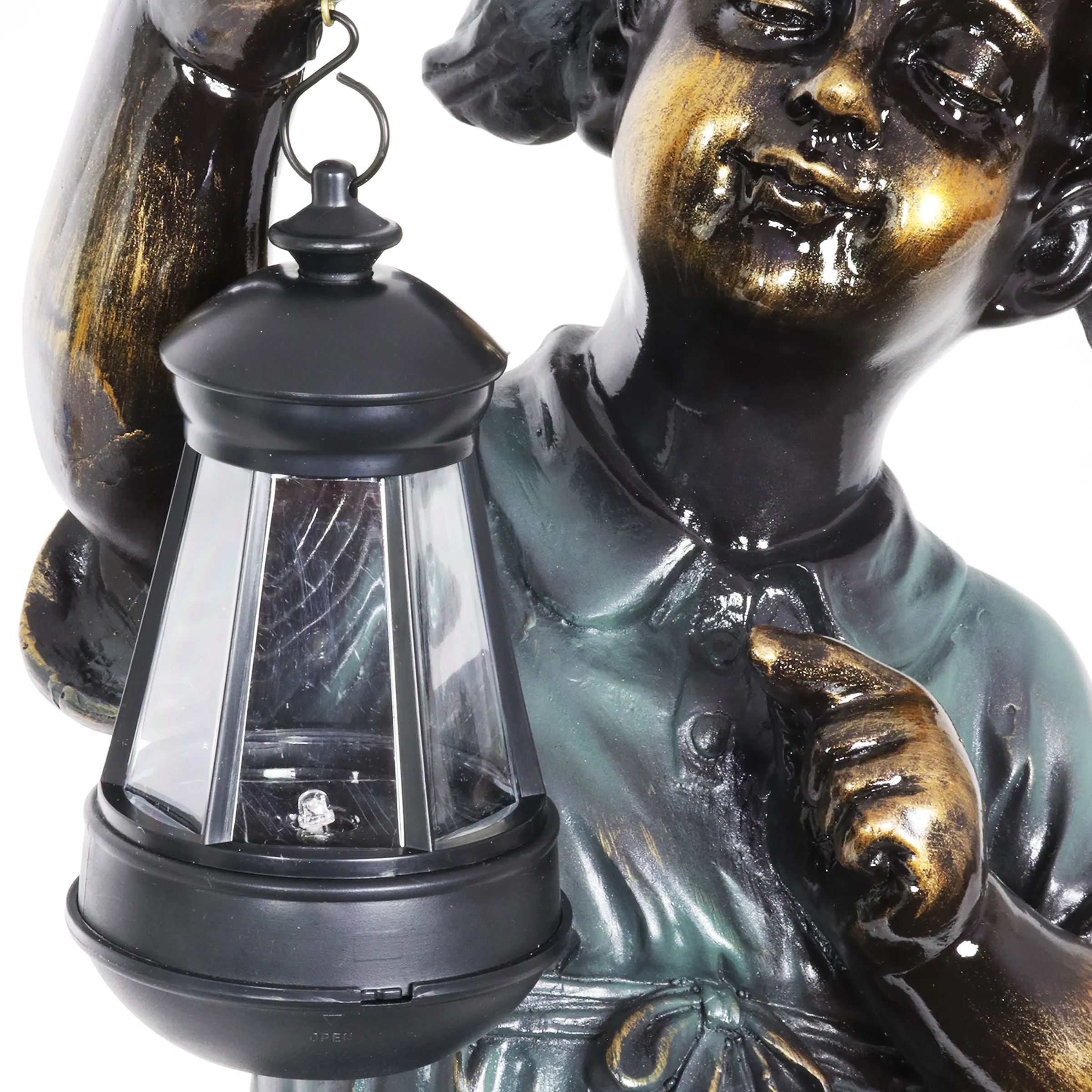 Solar Lantern Girl in Bronze Look with Patina Finish Garden Statuary 24.5 Inch