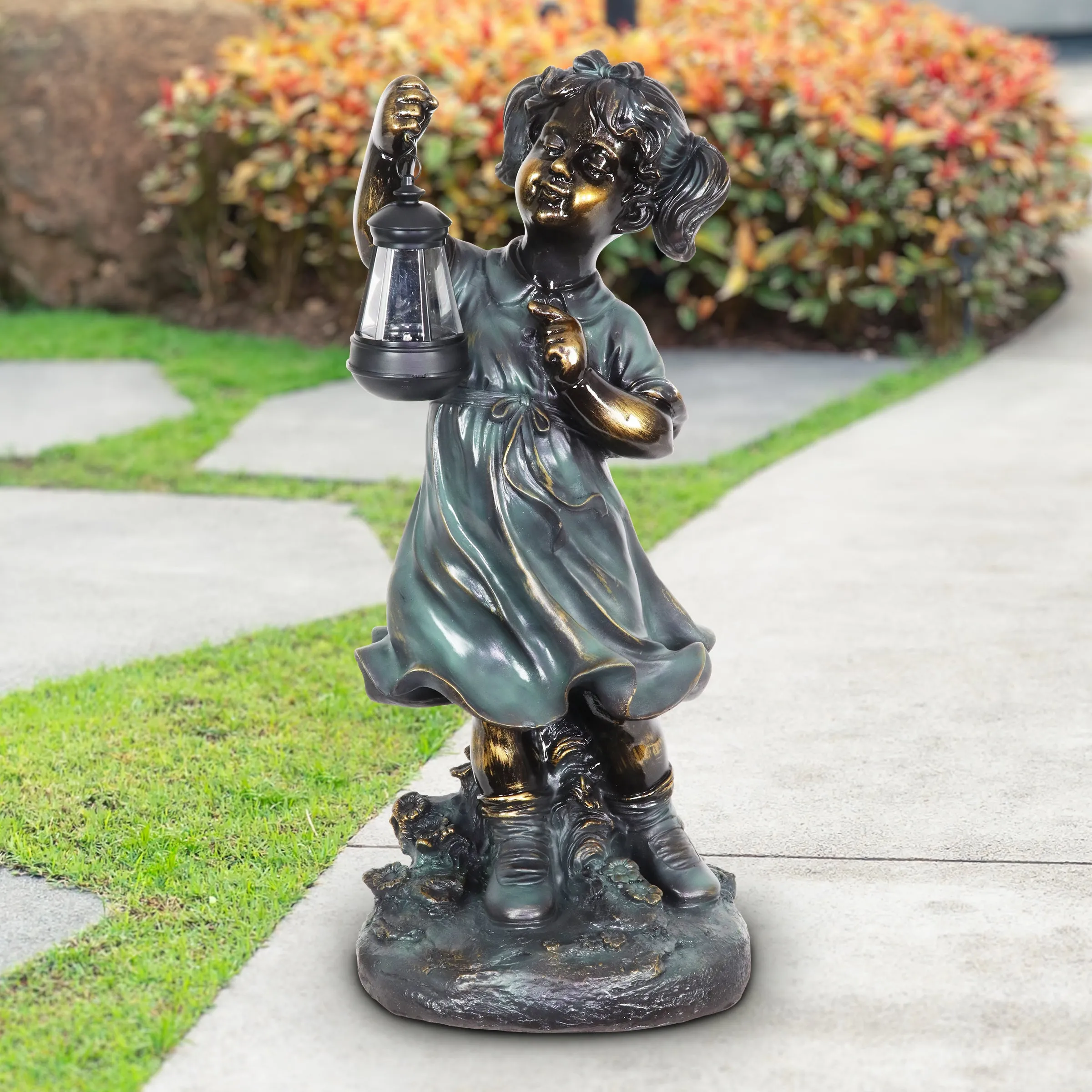 Solar Lantern Girl in Bronze Look with Patina Finish Garden Statuary 24.5 Inch