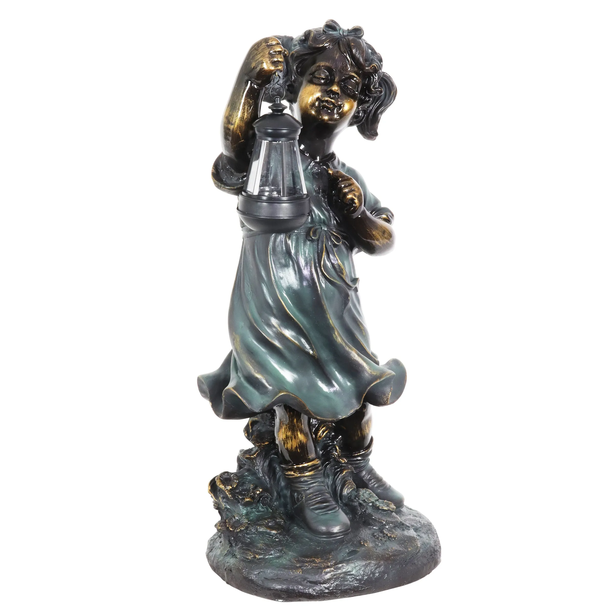 Solar Lantern Girl in Bronze Look with Patina Finish Garden Statuary 24.5 Inch