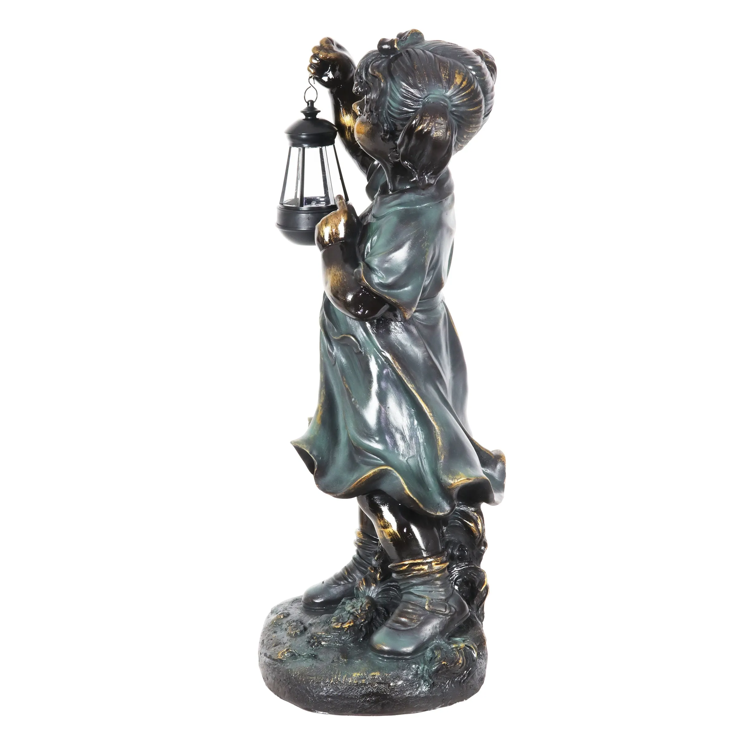 Solar Lantern Girl in Bronze Look with Patina Finish Garden Statuary 24.5 Inch