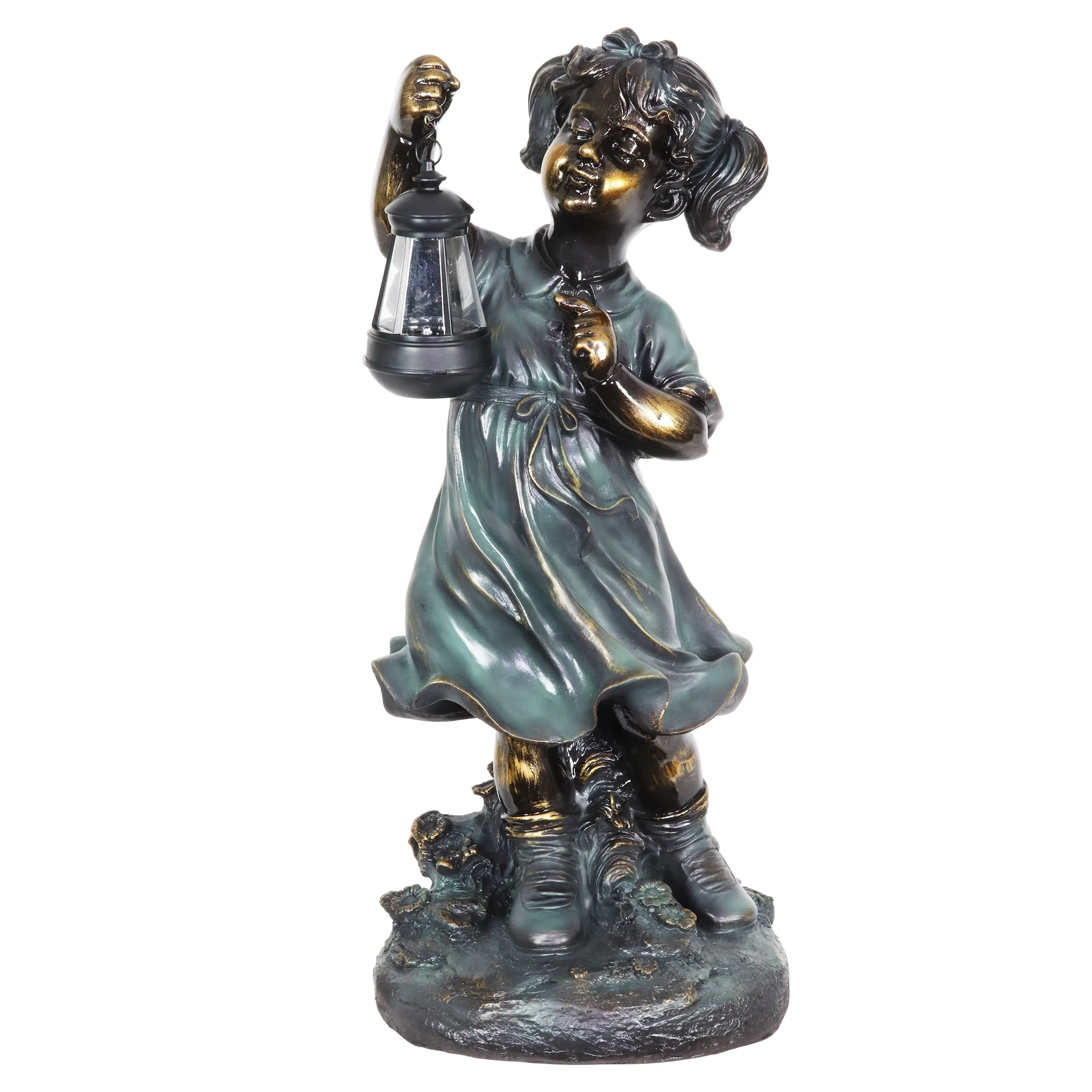 Solar Lantern Girl in Bronze Look with Patina Finish Garden Statuary 24.5 Inch