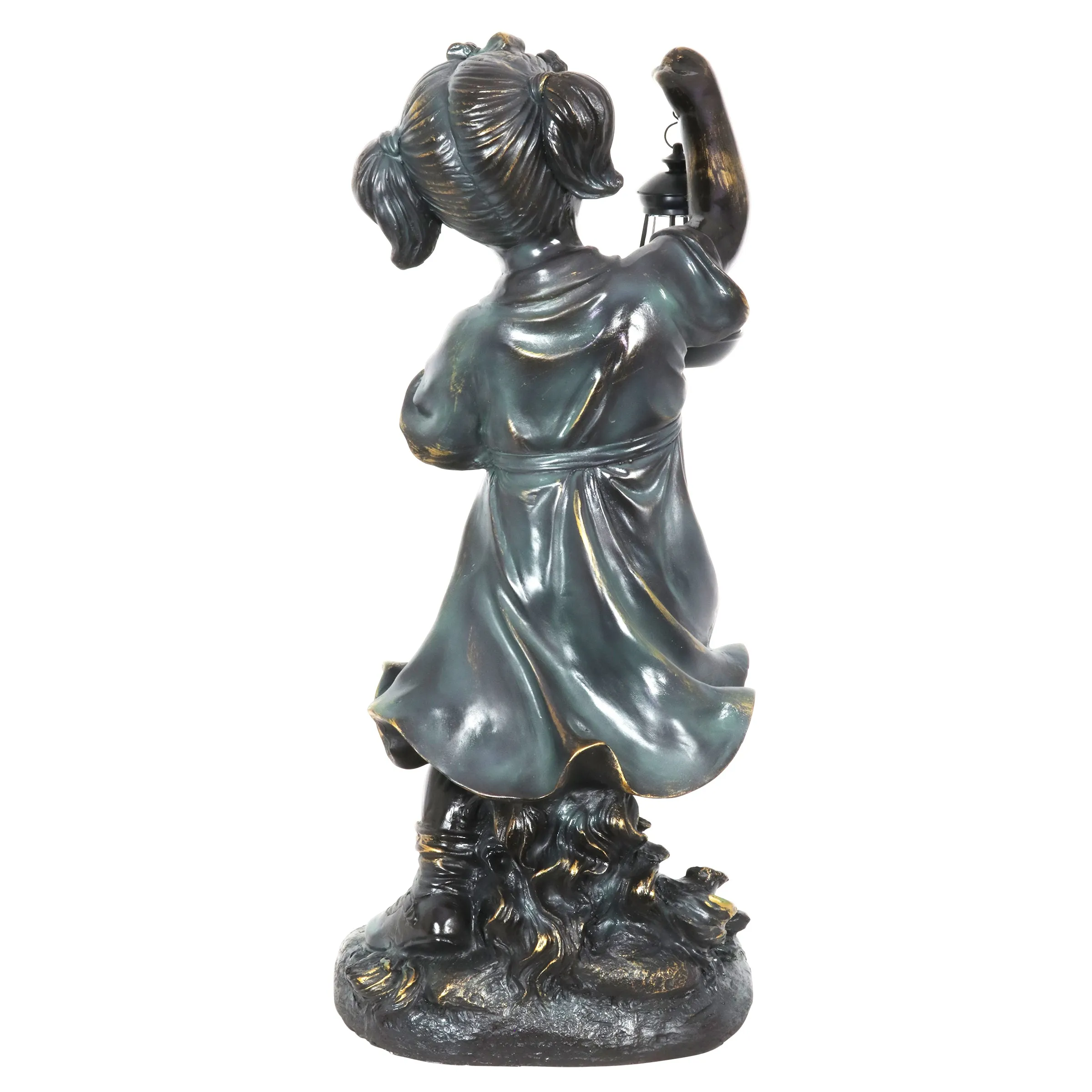 Solar Lantern Girl in Bronze Look with Patina Finish Garden Statuary 24.5 Inch