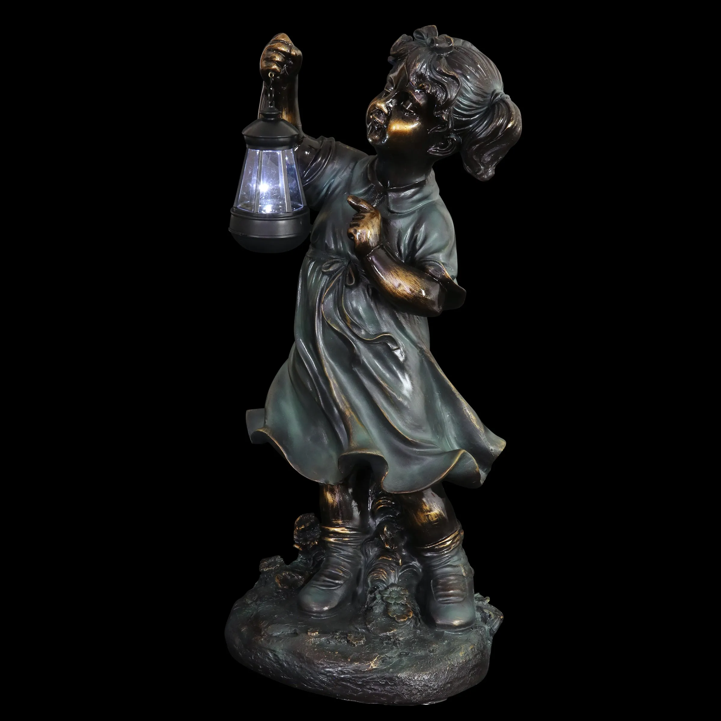 Solar Lantern Girl in Bronze Look with Patina Finish Garden Statuary 24.5 Inch