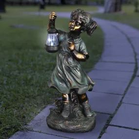 Solar Lantern Girl in Bronze Look with Patina Finish Garden Statuary 24.5 Inch