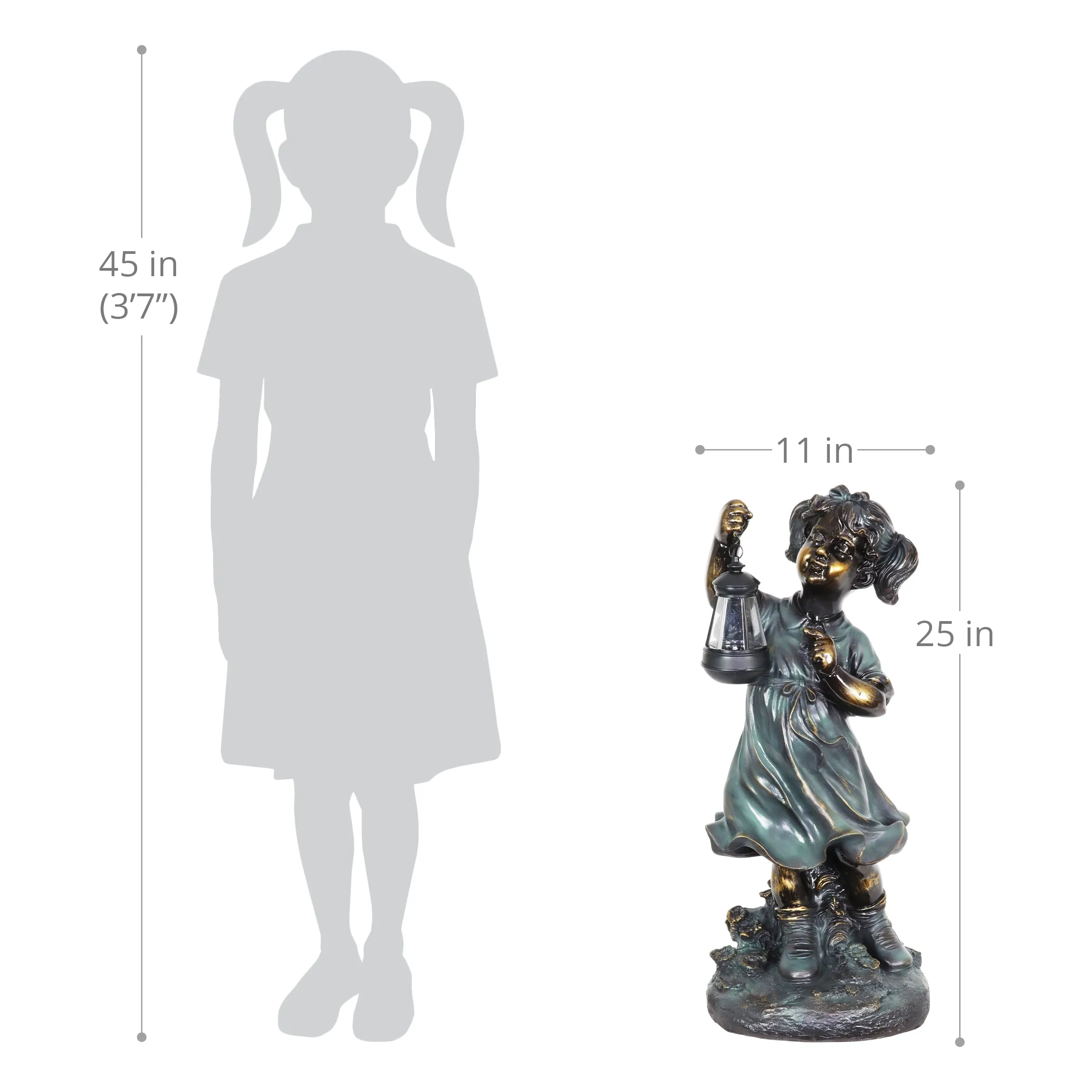 Solar Lantern Girl in Bronze Look with Patina Finish Garden Statuary 24.5 Inch