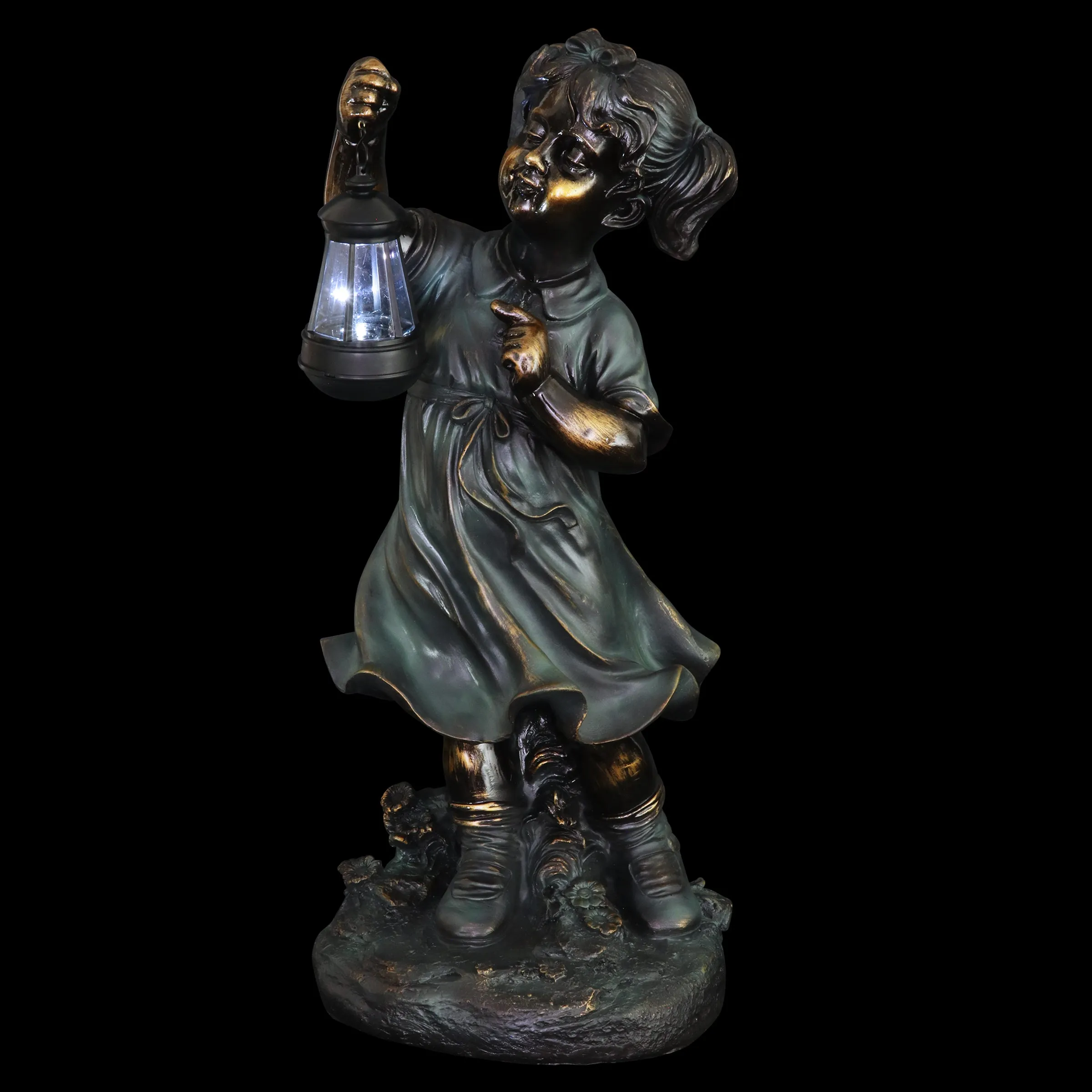 Solar Lantern Girl in Bronze Look with Patina Finish Garden Statuary 24.5 Inch