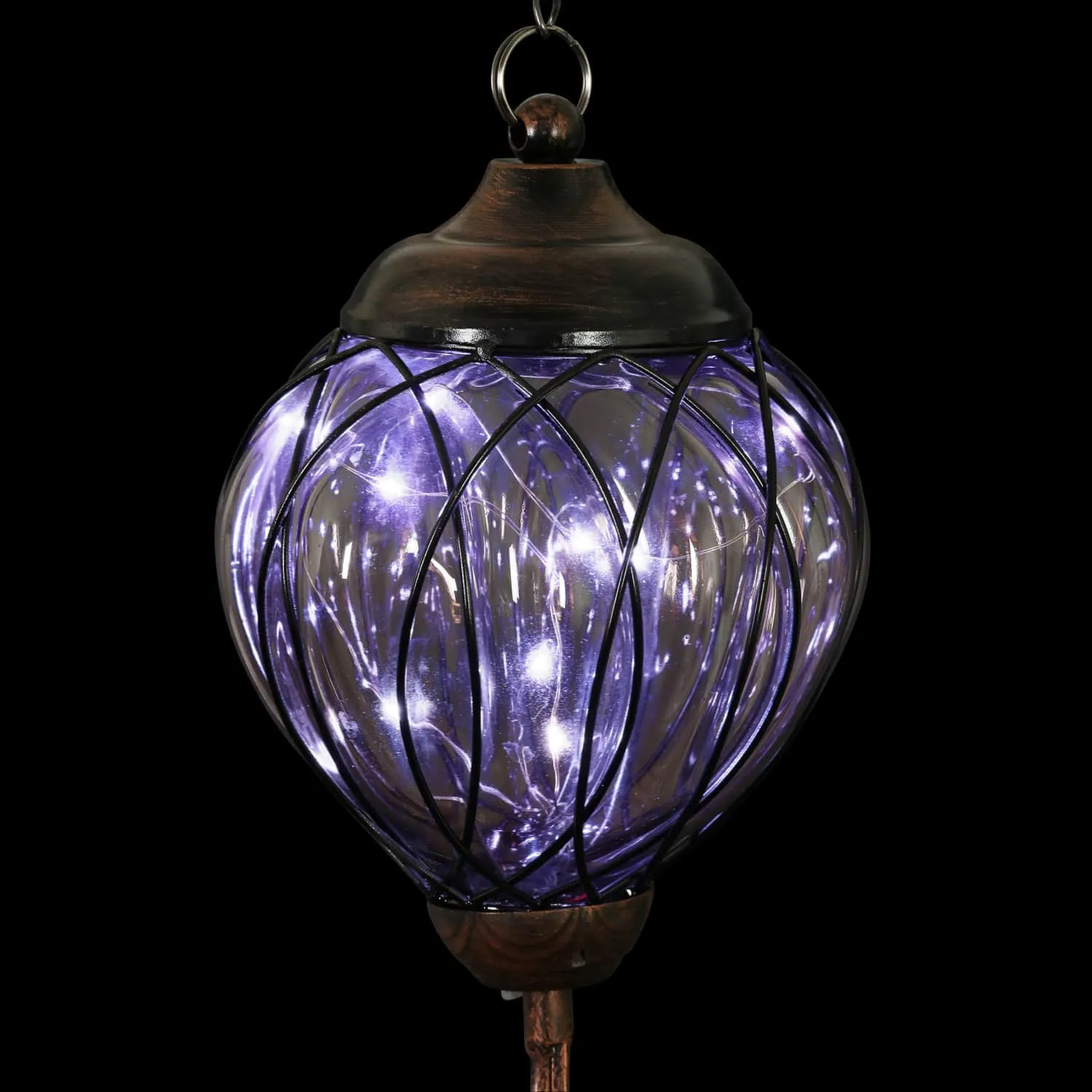 Solar Metal Wire and Glass Wind Chime in Lavender with Linking Oval Pattern and Nine LED Fairy Firefly String Lights, 6  by 32 Inches