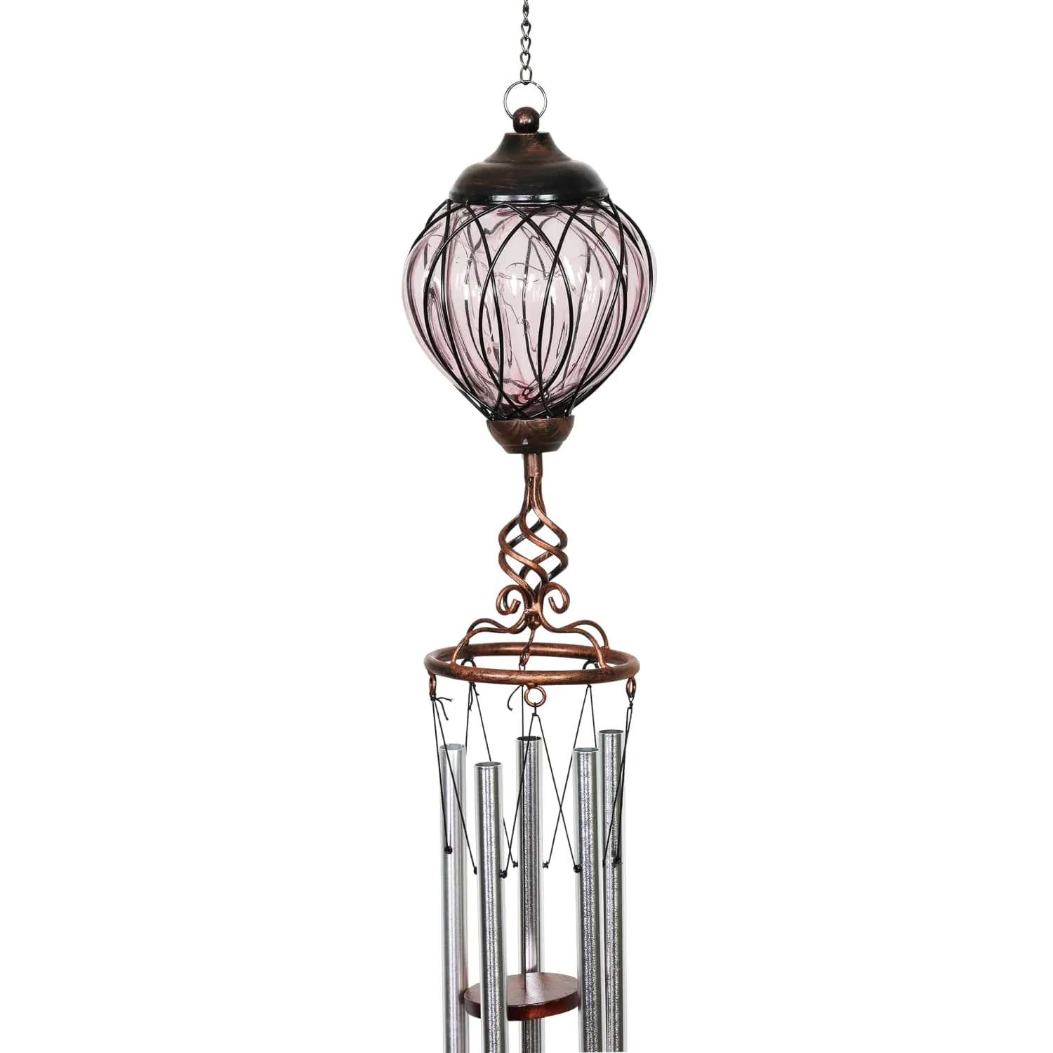 Solar Metal Wire and Glass Wind Chime in Lavender with Linking Oval Pattern and Nine LED Fairy Firefly String Lights, 6  by 32 Inches