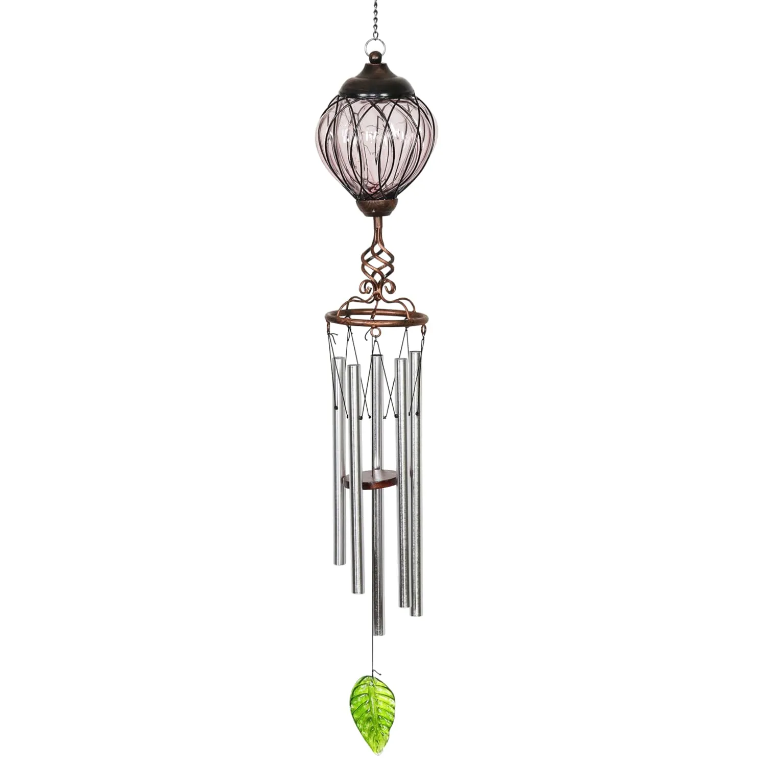 Solar Metal Wire and Glass Wind Chime in Lavender with Linking Oval Pattern and Nine LED Fairy Firefly String Lights, 6  by 32 Inches