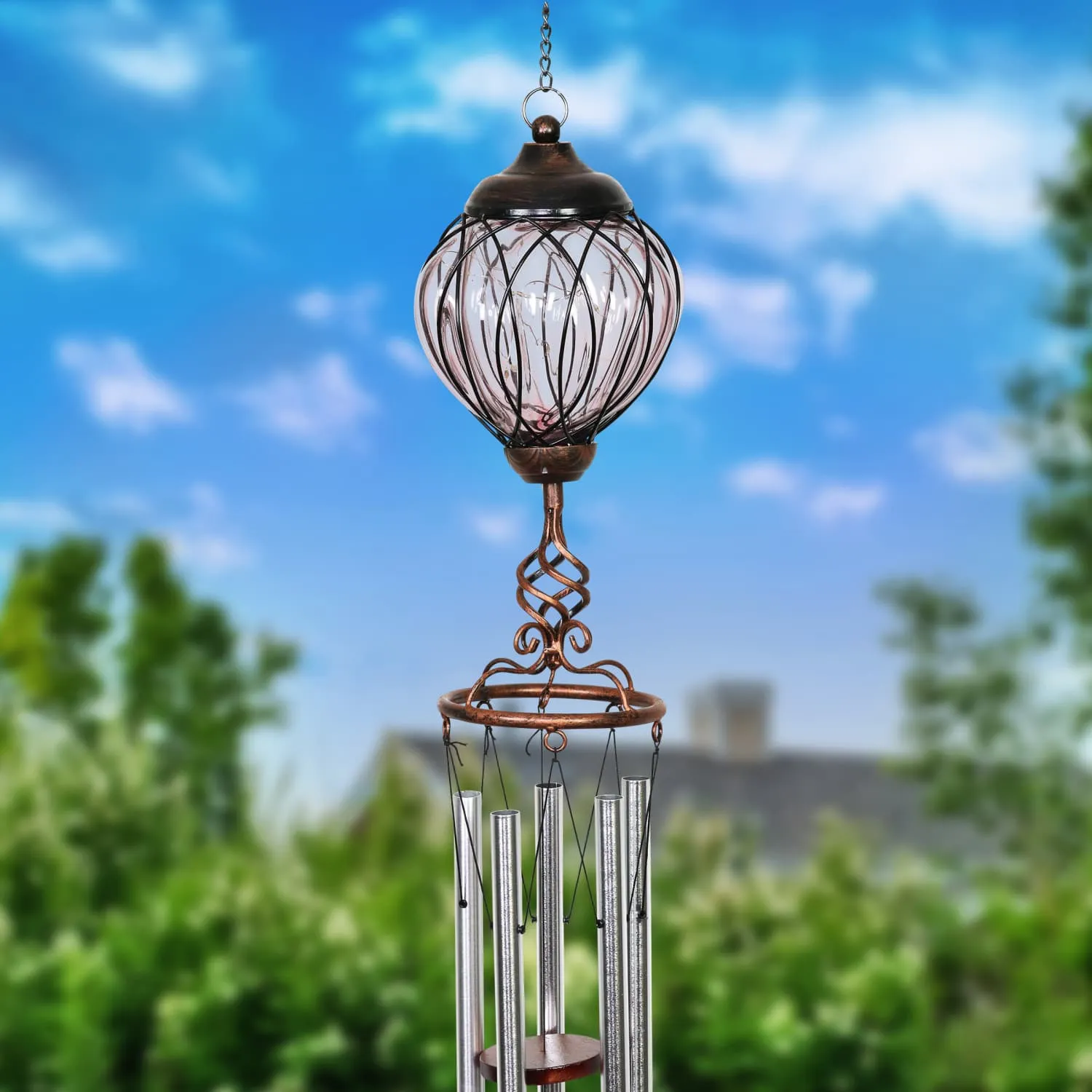 Solar Metal Wire and Glass Wind Chime in Lavender with Linking Oval Pattern and Nine LED Fairy Firefly String Lights, 6  by 32 Inches