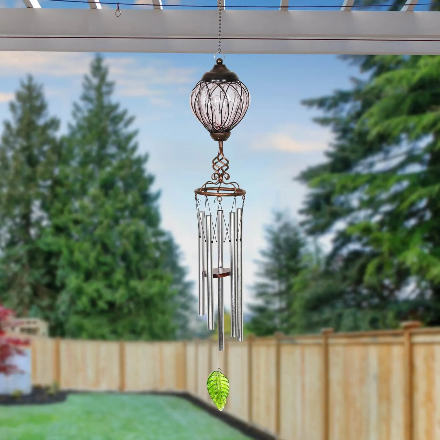 Solar Metal Wire and Glass Wind Chime in Lavender with Linking Oval Pattern and Nine LED Fairy Firefly String Lights, 6  by 32 Inches