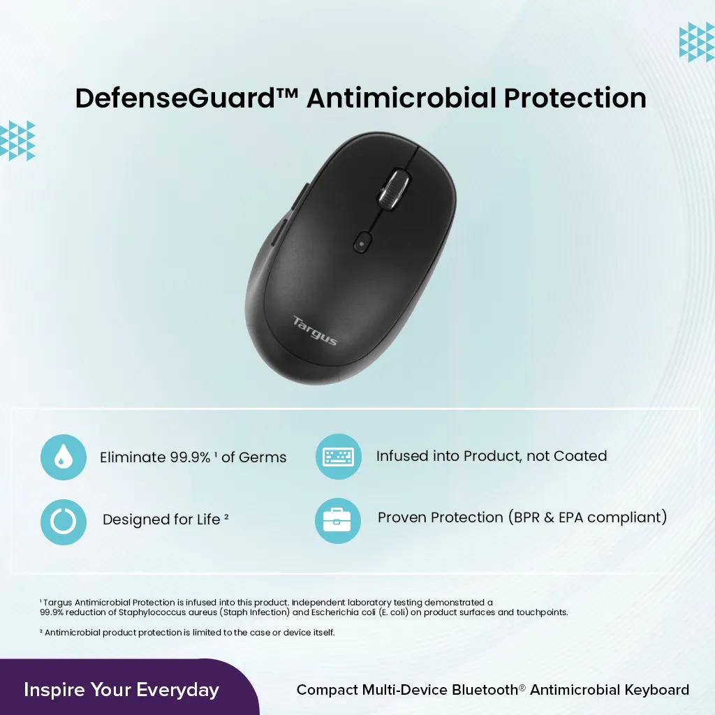 Targus Midsize Comfort Bluetooth Wireless Mouse | Multi-Device connectivity for 3 Devices | DefenseGuard Antimicrobial Protection | AMB582 Black