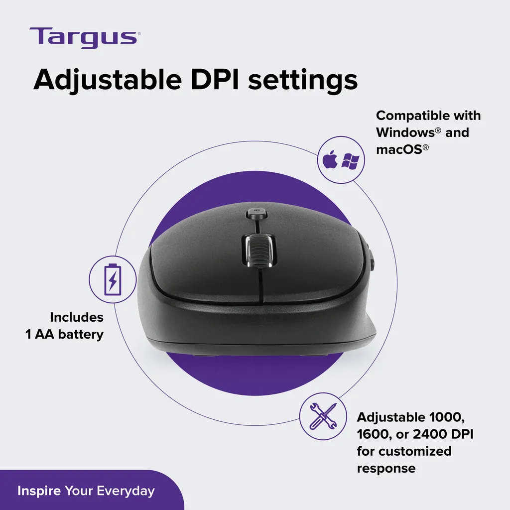 Targus Midsize Comfort Bluetooth Wireless Mouse | Multi-Device connectivity for 3 Devices | DefenseGuard Antimicrobial Protection | AMB582 Black