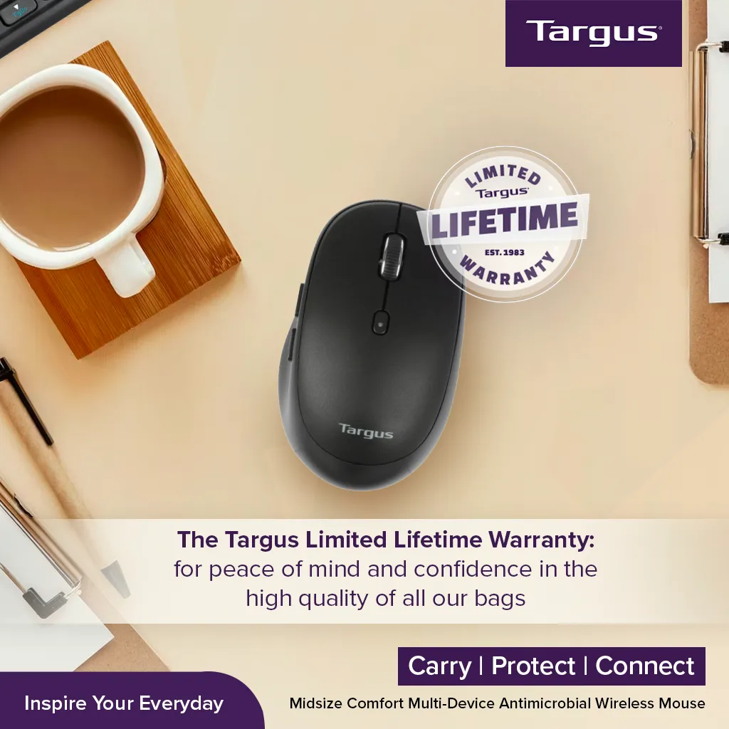 Targus Midsize Comfort Bluetooth Wireless Mouse | Multi-Device connectivity for 3 Devices | DefenseGuard Antimicrobial Protection | AMB582 Black