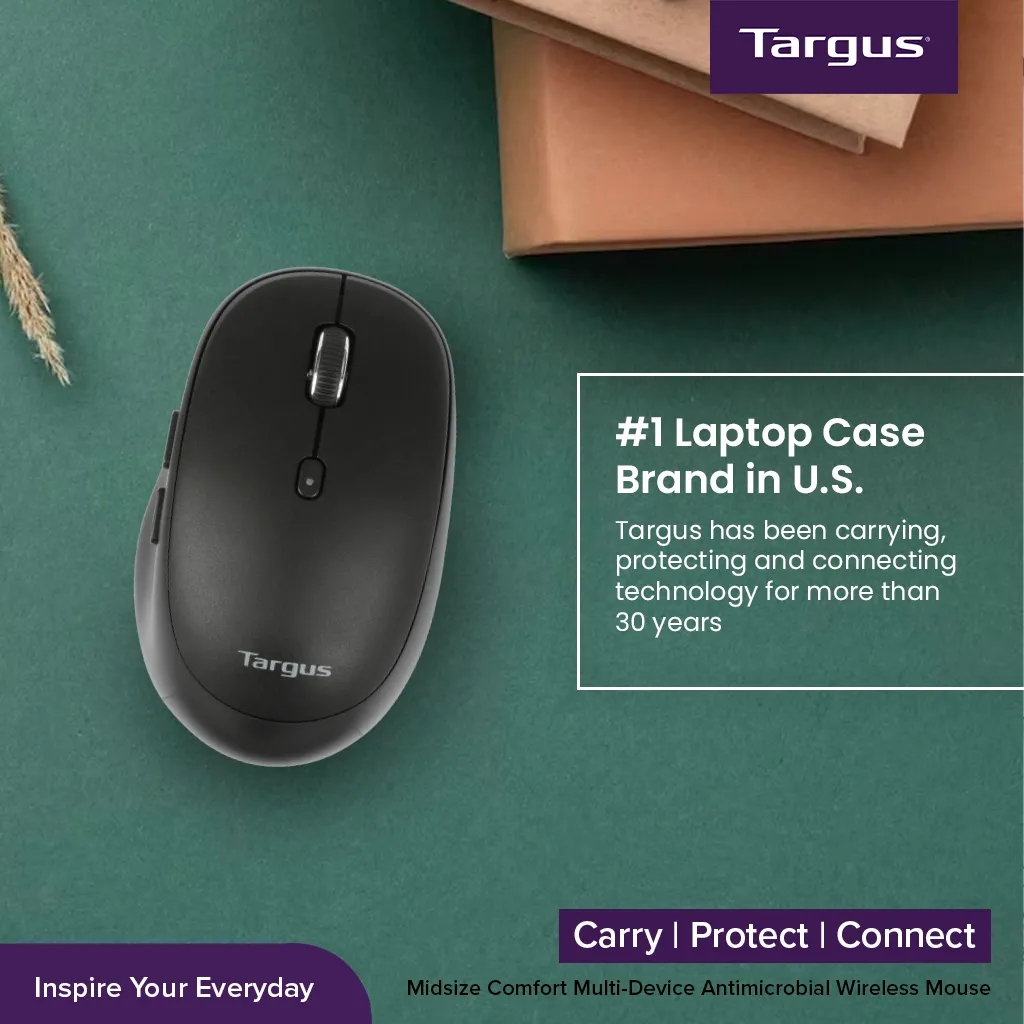 Targus Midsize Comfort Bluetooth Wireless Mouse | Multi-Device connectivity for 3 Devices | DefenseGuard Antimicrobial Protection | AMB582 Black