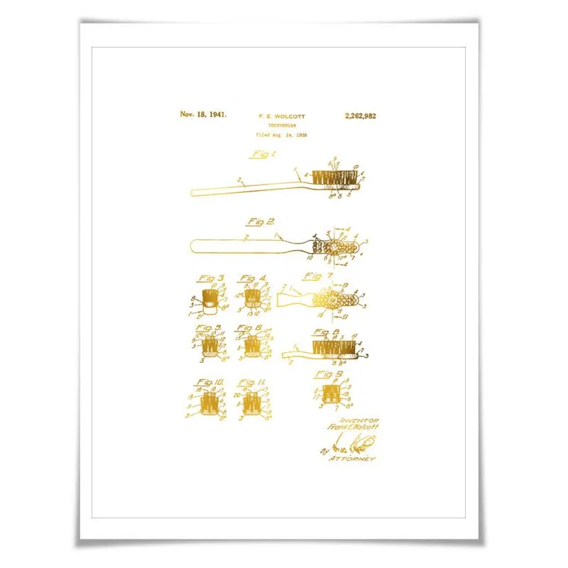 Toothbrush Gold Foil Patent Illustration. 7 Foil Colours. Dentist Office Art. Vintage Art Print