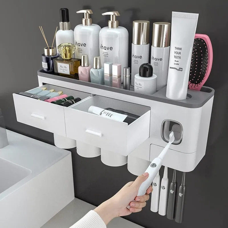 Toothbrush Holders For Bathrooms, Toothbrush Holder Wall Mounted With Toothpaste Dispenser, Large Capacity Tray, Cosmetic Drawer And Brush Slots With Cover Tooth Brush Holder