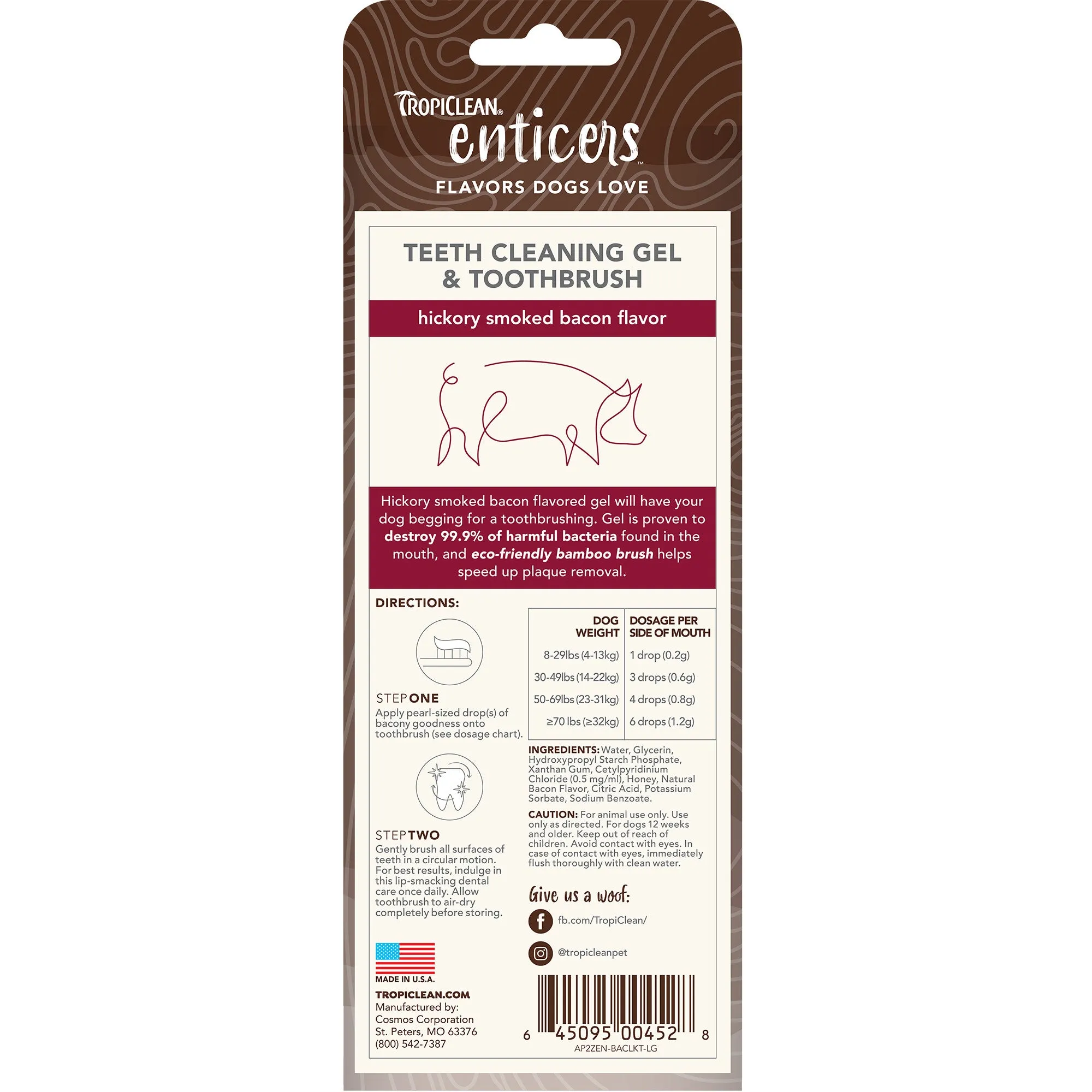 Tropiclean Enticers Teeth Cleaning Gel & Toothbrush - Hickory Smoked Bacon