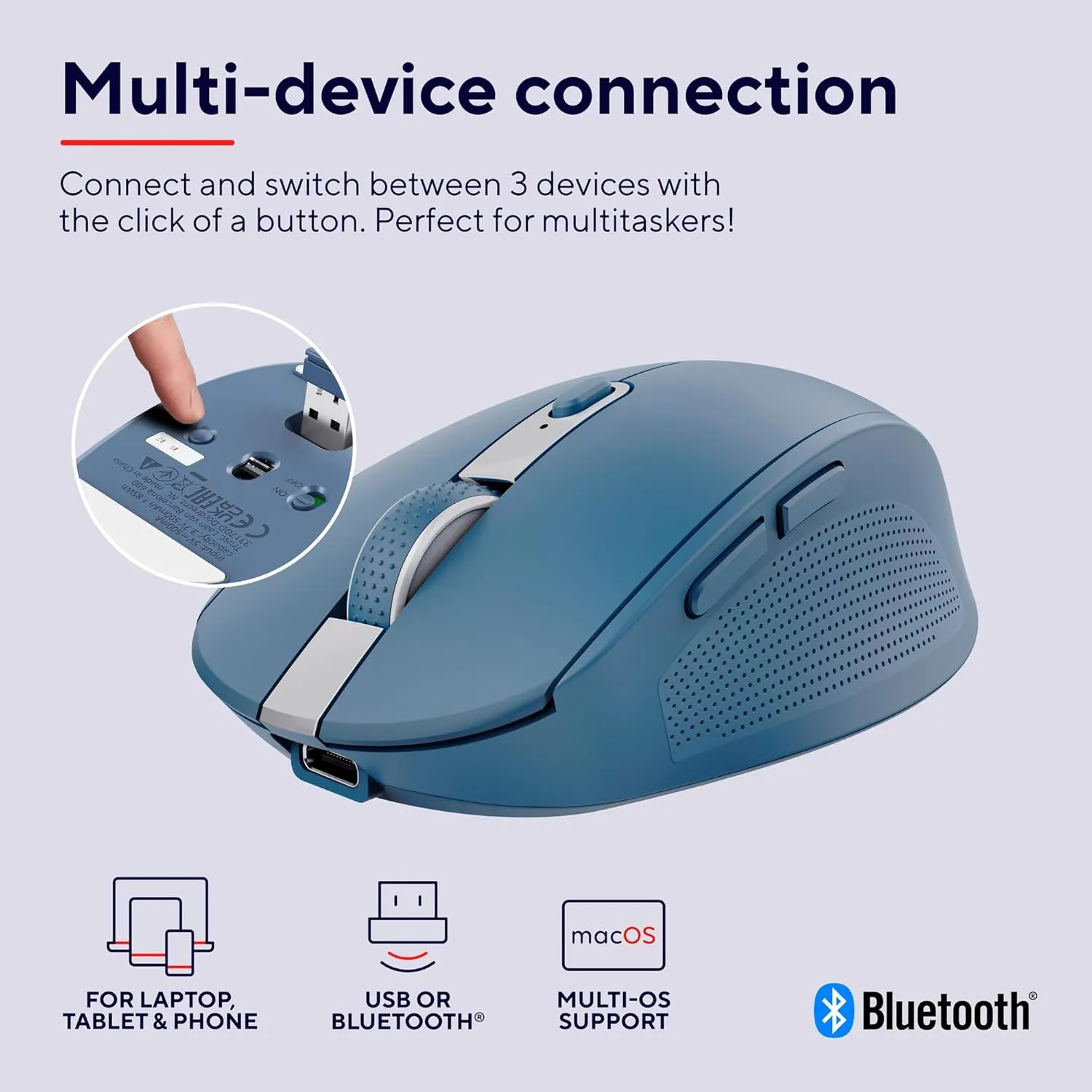 Trust Ozaa Silent Wireless Mouse - Bluetooth & 2.4GHz, Multi-Device, Eco-Friendly, Rechargeable, for Windows, Mac, Android, Laptop & PC - Blue