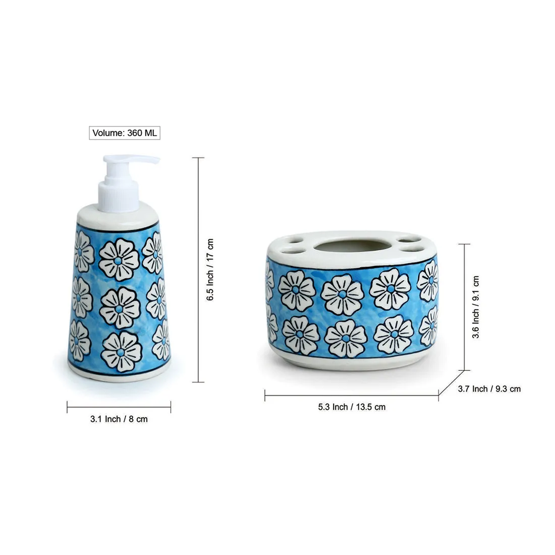 'Turquoise Mogra' Handpainted Bathroom Accessory Set In Ceramic (Liquid Soap Dispenser, Toothbrush Holder)