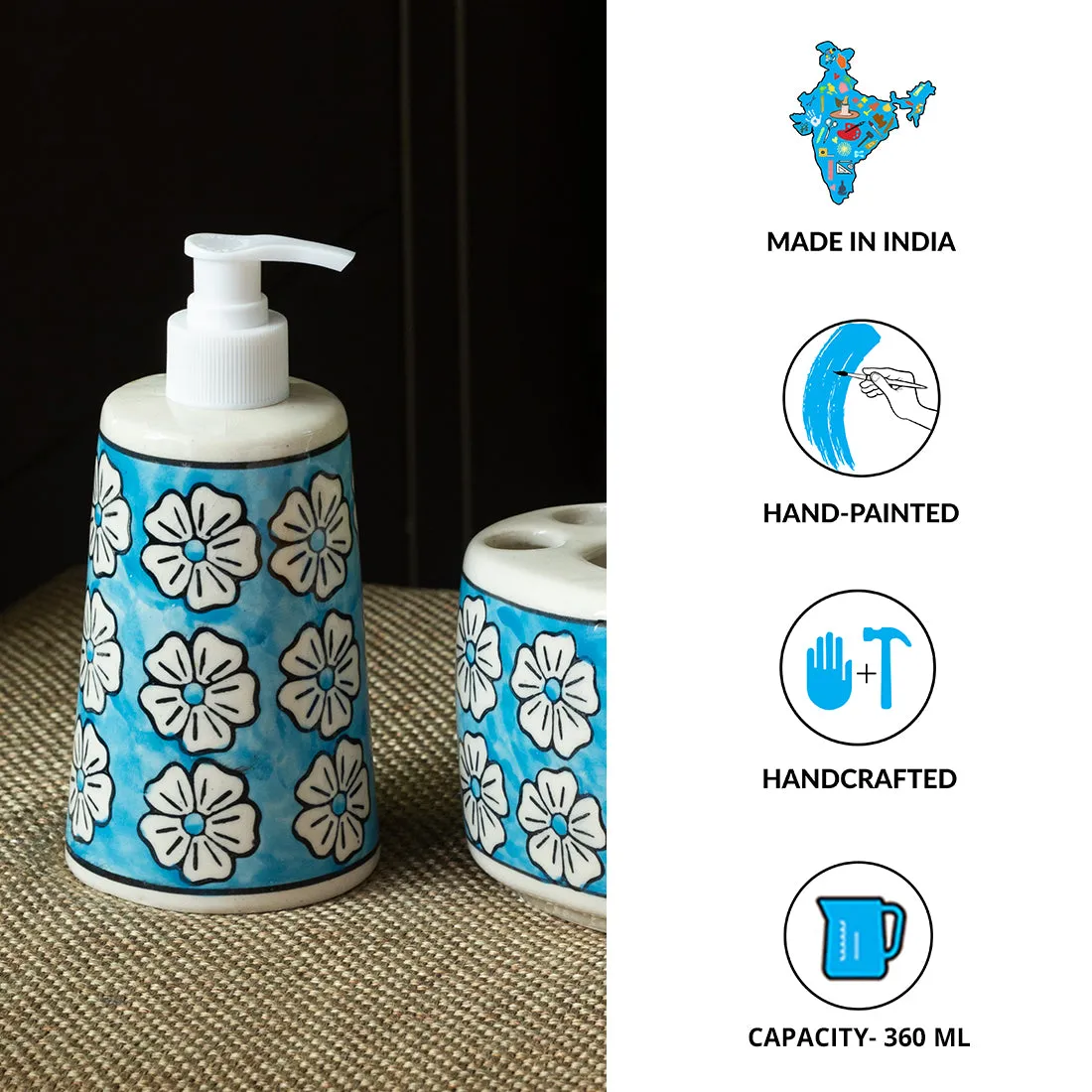 'Turquoise Mogra' Handpainted Bathroom Accessory Set In Ceramic (Liquid Soap Dispenser, Toothbrush Holder)