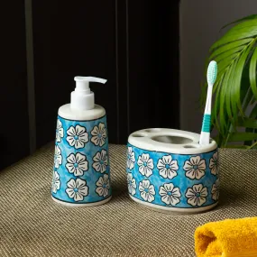 'Turquoise Mogra' Handpainted Bathroom Accessory Set In Ceramic (Liquid Soap Dispenser, Toothbrush Holder)