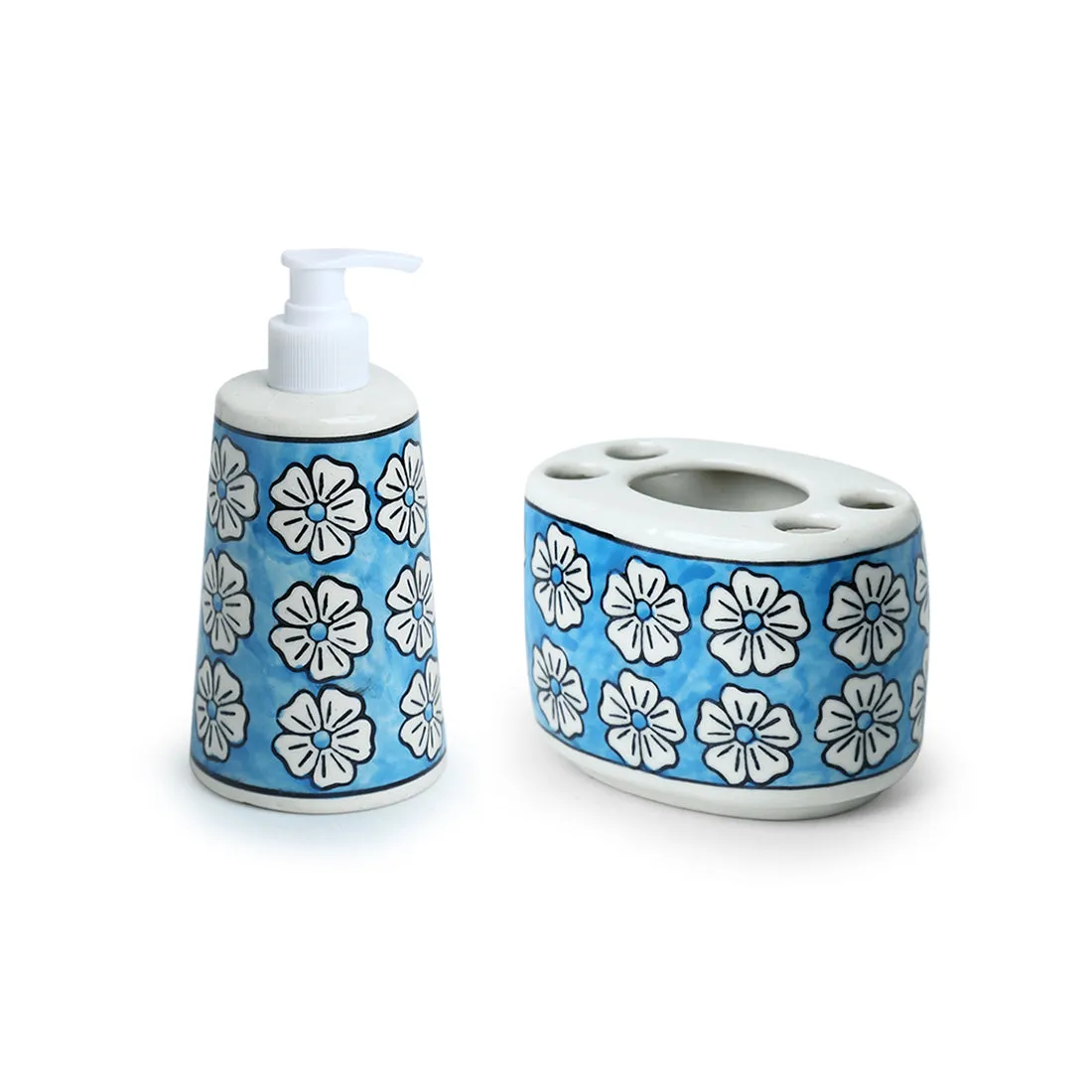 'Turquoise Mogra' Handpainted Bathroom Accessory Set In Ceramic (Liquid Soap Dispenser, Toothbrush Holder)