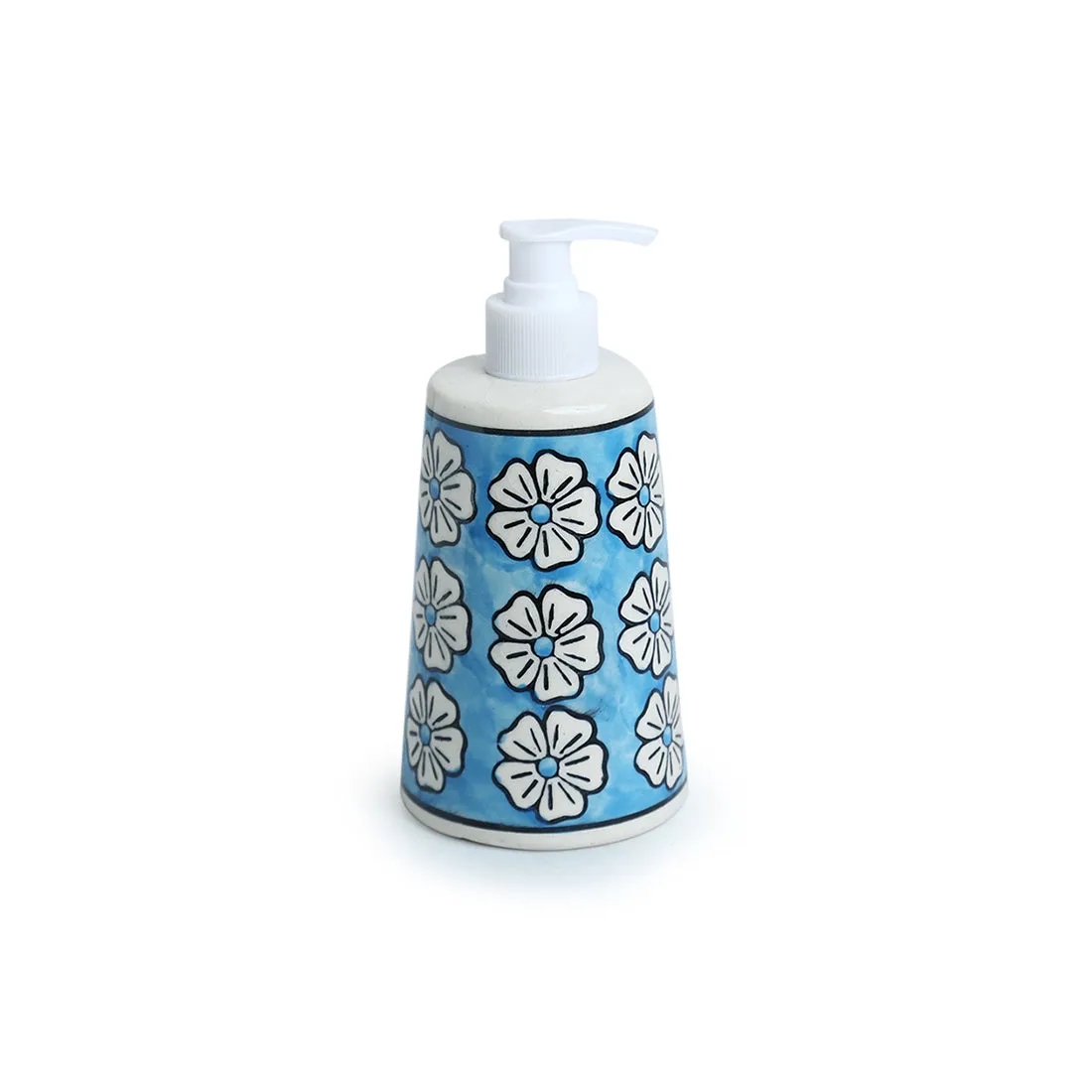 'Turquoise Mogra' Handpainted Bathroom Accessory Set In Ceramic (Liquid Soap Dispenser, Toothbrush Holder)