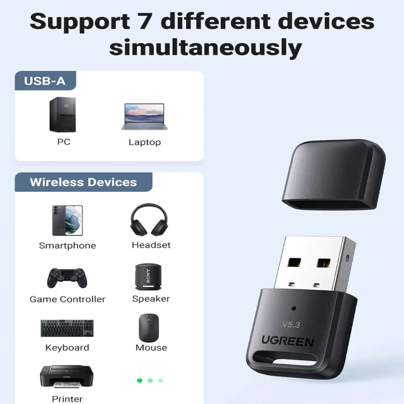 UGREEN Bluetooth 5.3 USB Adapter Dongle with 20 Meters Max Connectivity Range for PC, Desktop Computer, Laptop, Tablet, Phone, Mouse, Keyboard, Headset, Earphone, Printer, etc. | 90225