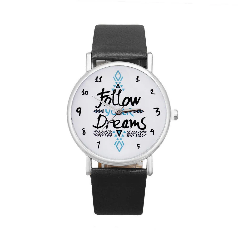 Vico 2018 New Fashion Women Watch Follow Dreams Words Pattern PU Leather Quartz Analog Wrist Watches