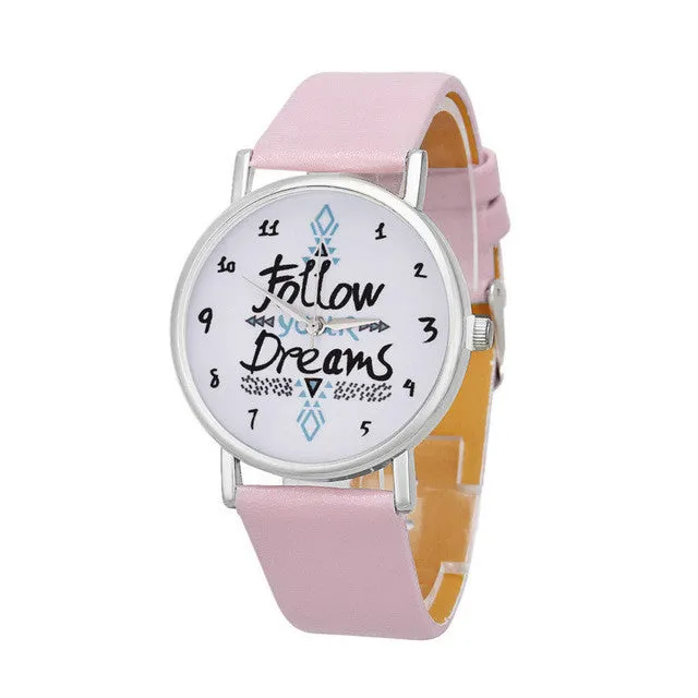 Vico 2018 New Fashion Women Watch Follow Dreams Words Pattern PU Leather Quartz Analog Wrist Watches