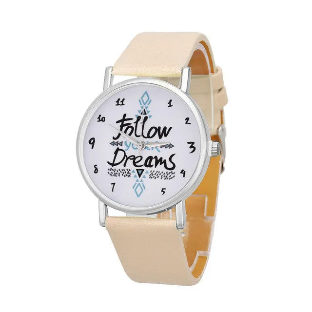 Vico 2018 New Fashion Women Watch Follow Dreams Words Pattern PU Leather Quartz Analog Wrist Watches