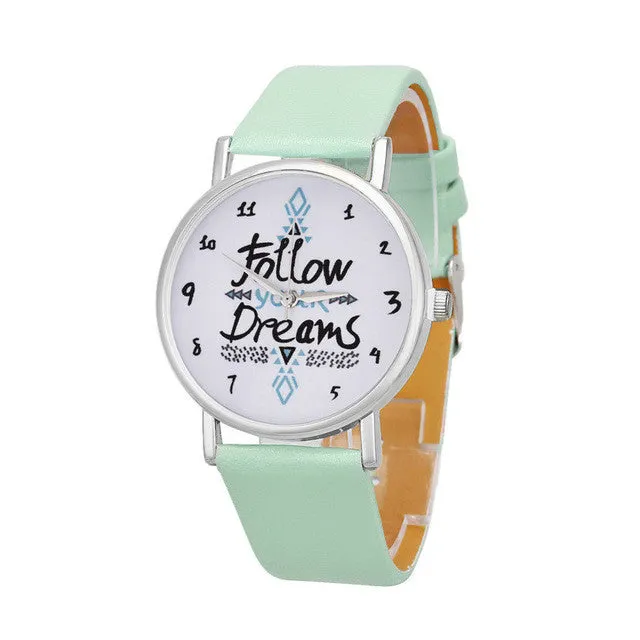 Vico 2018 New Fashion Women Watch Follow Dreams Words Pattern PU Leather Quartz Analog Wrist Watches