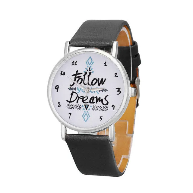 Vico 2018 New Fashion Women Watch Follow Dreams Words Pattern PU Leather Quartz Analog Wrist Watches