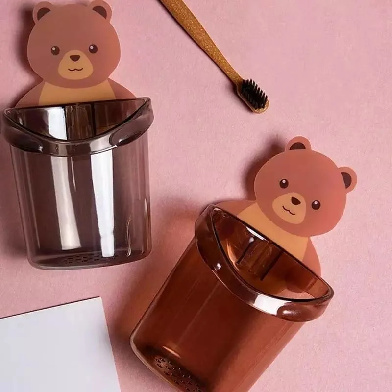 Wall Mounted Bear Toothbrush Holder Cup, Punch Free Storage Rack, Cute Bear Punch Free Bathroom Storage Box, Bathroom Supplies Organizer