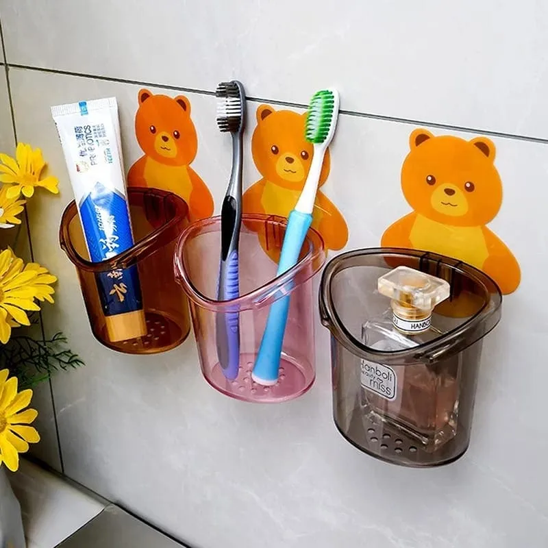 Wall Mounted Bear Toothbrush Holder Cup, Punch Free Storage Rack, Cute Bear Punch Free Bathroom Storage Box, Bathroom Supplies Organizer