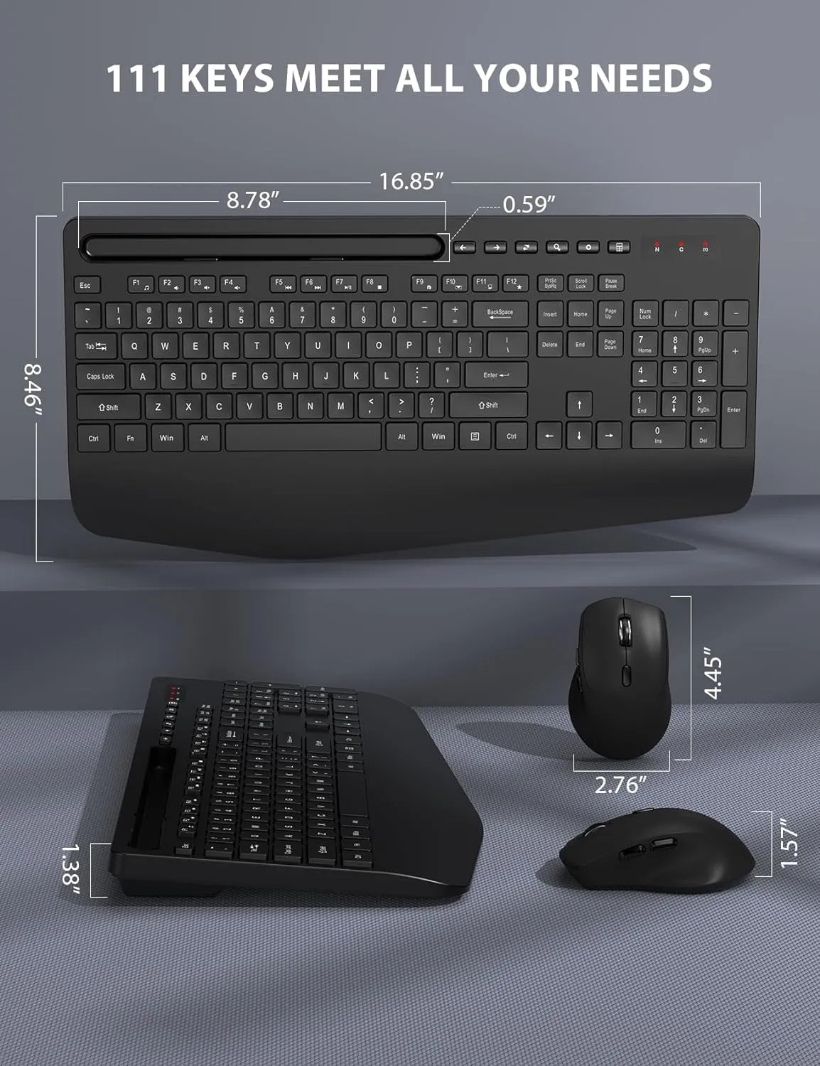 Wireless Keyboard and Mouse Combo - Full-Sized Ergonomic Keyboard with Wrist Rest, Phone Holder, Sleep Mode, Silent 2.4Ghz Cordless Keyboard Mouse Combo for Computer, Laptop, PC, Mac, Windows -Trueque