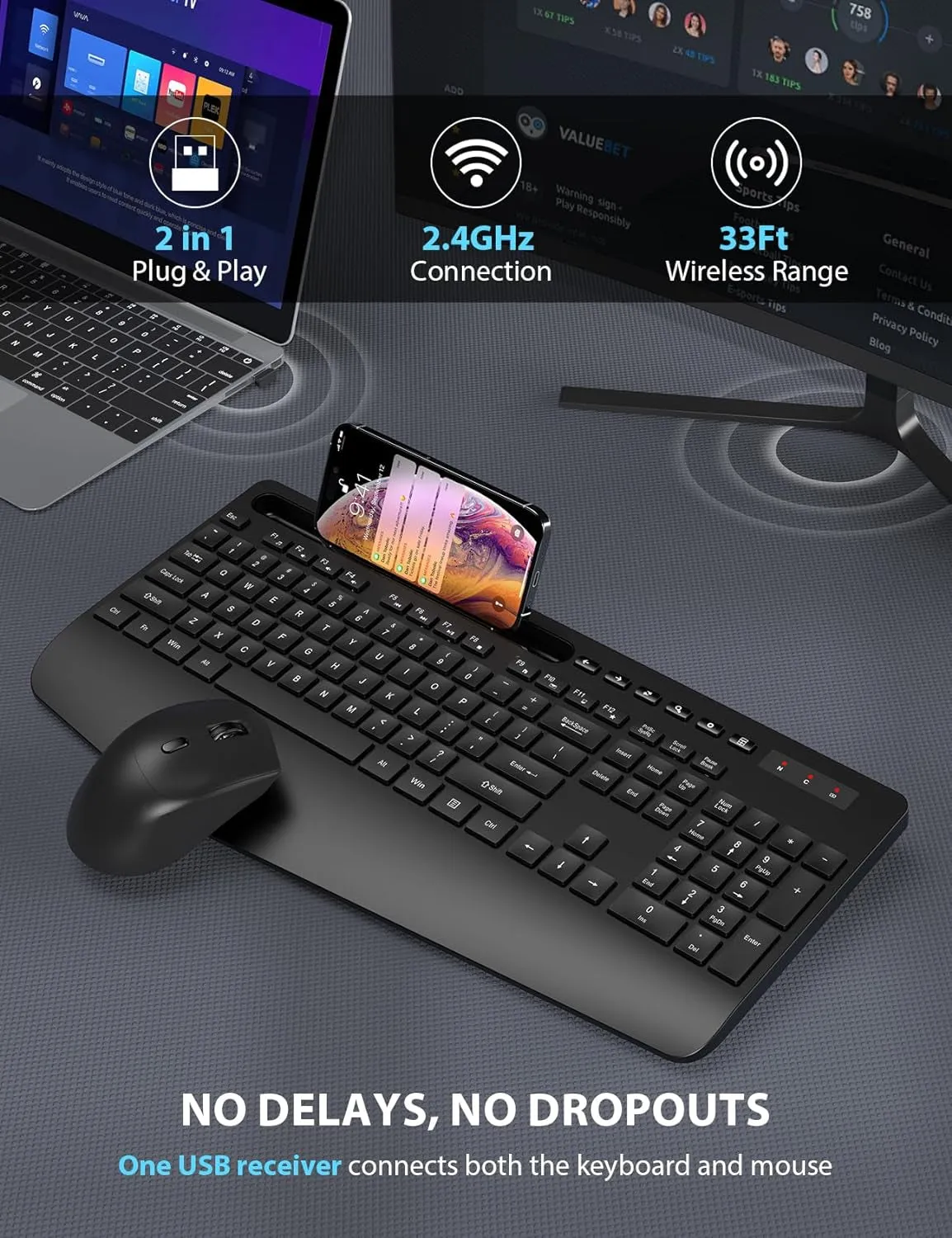 Wireless Keyboard and Mouse Combo - Full-Sized Ergonomic Keyboard with Wrist Rest, Phone Holder, Sleep Mode, Silent 2.4Ghz Cordless Keyboard Mouse Combo for Computer, Laptop, PC, Mac, Windows -Trueque