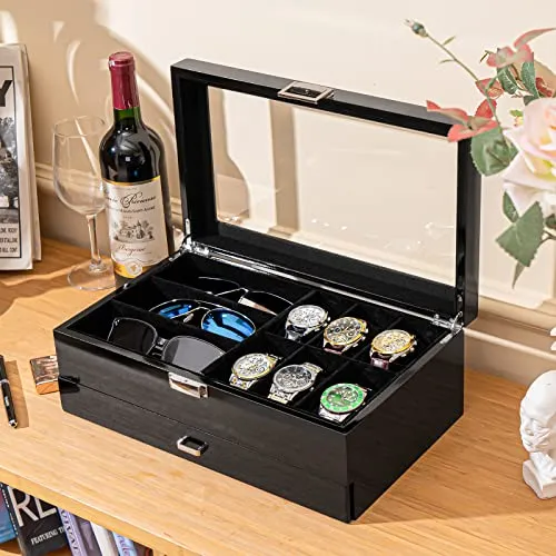 Wooden Jewelry Box with 2-Tier Watch Holder and Glass Top Lid | ProCase